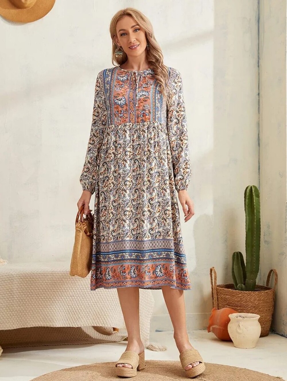 Boho Long-Sleeve Midi Dress in Rust and Cream Floral - Picture 5 of 8